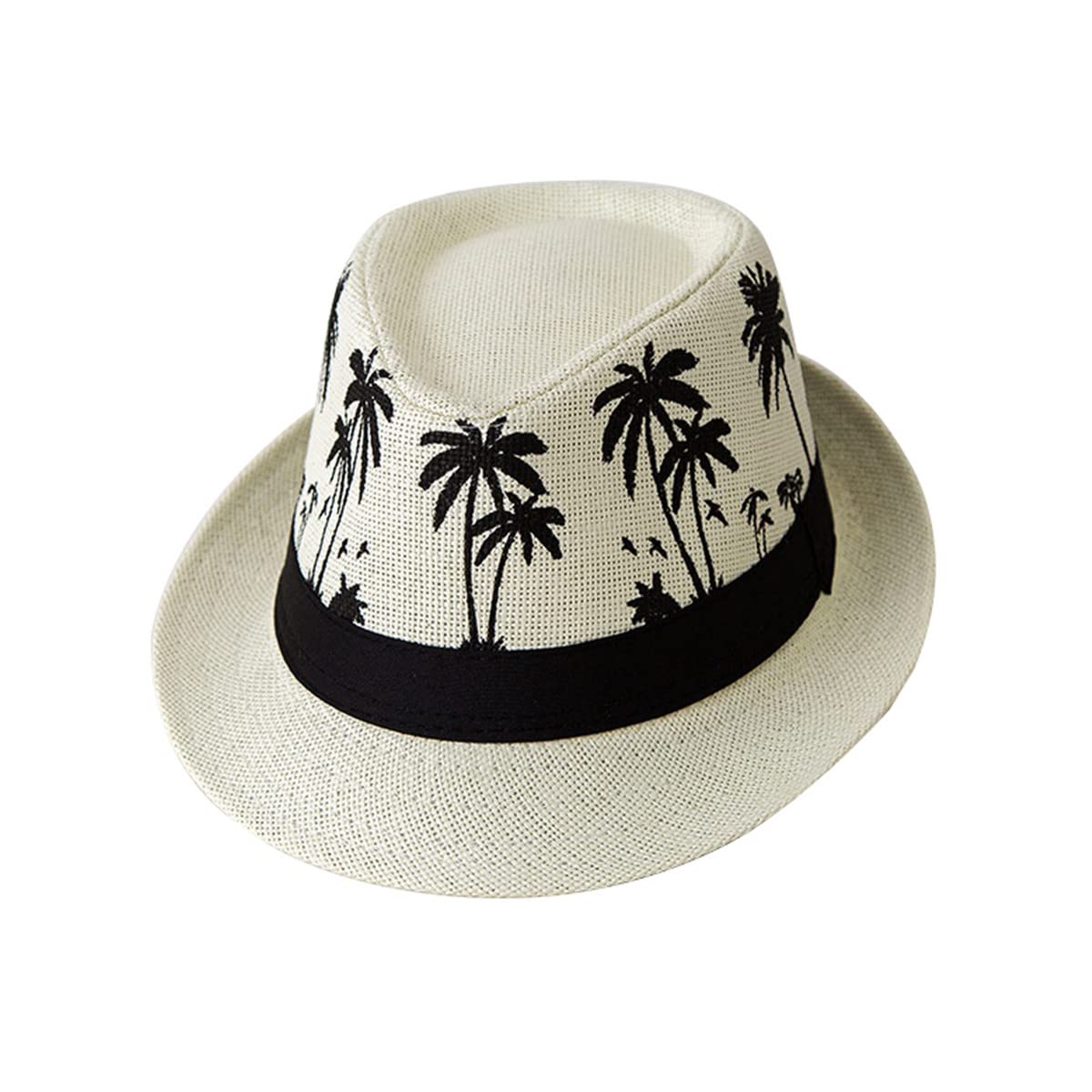 Photo 1 of ECYC Ltd Unisex Panama Straw Hats Short Brim Fedora Straw Hat Trilby Hat Palm Tree Print Summer Beach Sun Hat Cap for Men Women