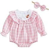FYBITBO Newborn Baby Girl Outfits Smocked Long Sleeve Bubble Romper Plaid Bodysuit Jumpsuit Headband Infant Clothes Set (Strawberry Pink, 6-9 Months)