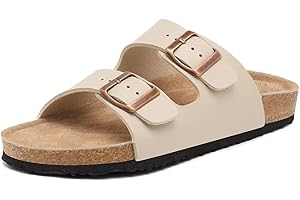 SCECOCRS Genuine Leather Unisex Cork Footed Flat Slide Sandals with Arch Support, Men and Women’s Double Buckle Memory Foam Slide for Beach Summer Vacation