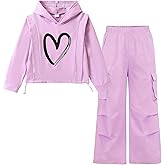Tween Girls Clothes Hoodie Heart Print Top + Cargo Pants, Teen Girls Fall Clothing Set, Sizes 6-13 Years