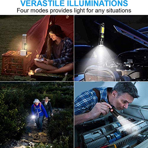 Rechargeable Flashlight, Magnetic Flashlight（with 18650 Battery), Super Bright Pocket-Sized COB Work Light T6 LED Torch with Clip, Zoomable, Water Resistant, 4 Modes for Camping Hiking 2 Pack