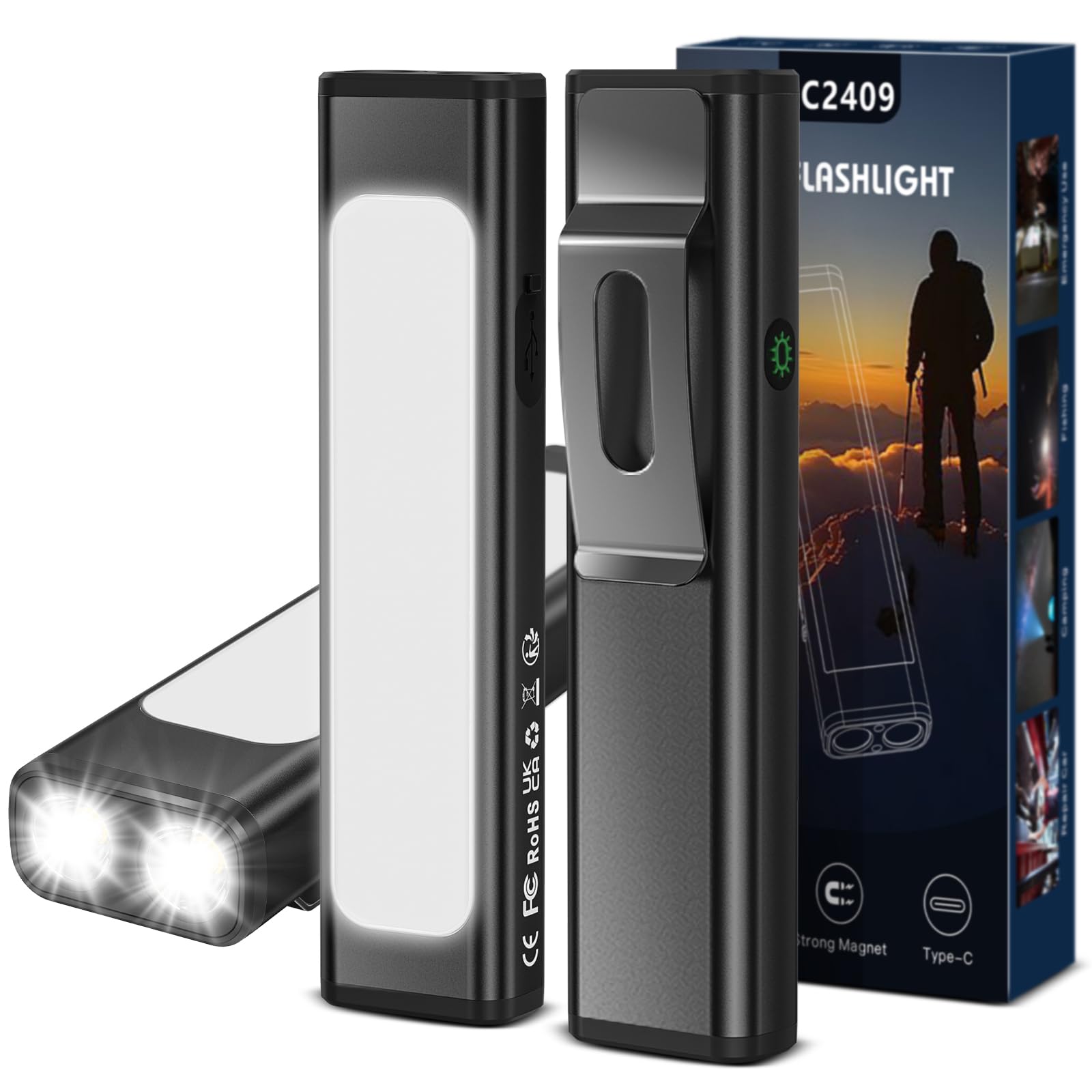 Photo 1 of Spriak EDC Flat Flashlight Rechargeable, 1200 Lumens USB-C Pocket Flashlight with Clip, 9 Modes Magnetic Waterproof Small Flash Light for Camping, Work, Repair & Emergencies (Black, 2PCS)