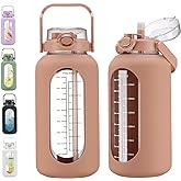 chunmo 74 oz Glass Water Bolttles with Straw Large Motivational Water Bottle with Time Marker Sports Water Bottles with Silicone Sleeve and Handle Lid 2.2L Water Jug for Gym Workout