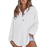 Astylish Women Waffle Knit Tops Henley Shirts Long Sleeve V Neck Solid Color Casual Tunic