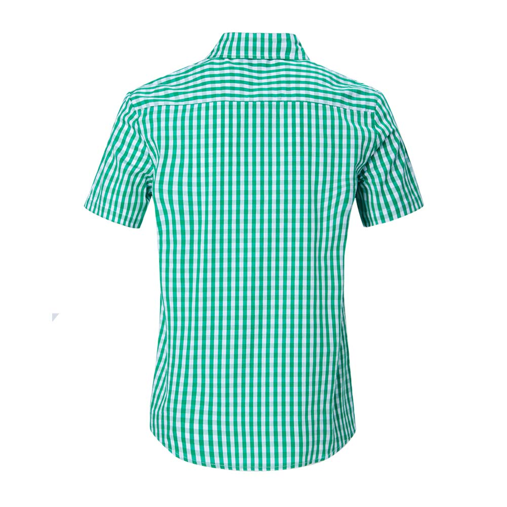 RAISEVERN Spring Autumn Mens Beer Party Plaid Shirts Spandex Casual Short Sleeve Soft Comfort Slim Fit Check Shirt Male Clothes, L, Green Plaid