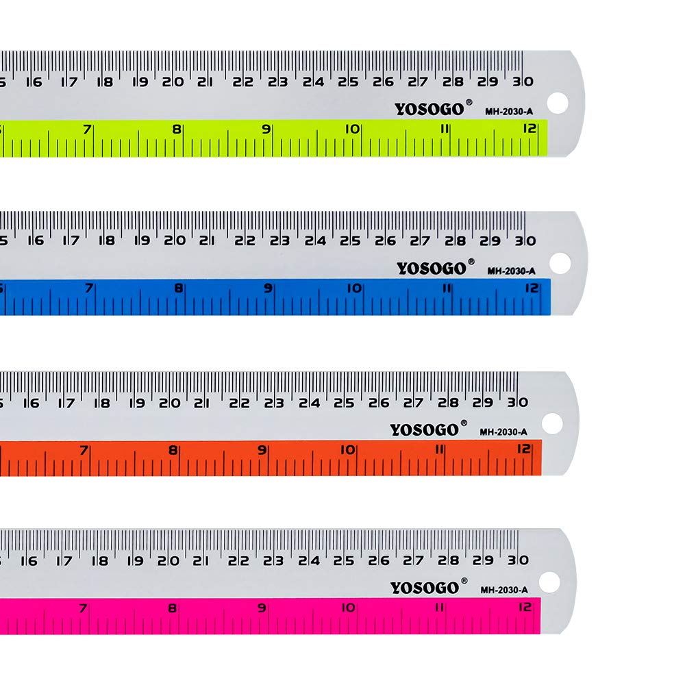 Yosogo Pack of 6 Aluminum Ruler in Inch and cm Scale with Hanging Hole, Assorted Colour… (30 CM/ 12 INCH)