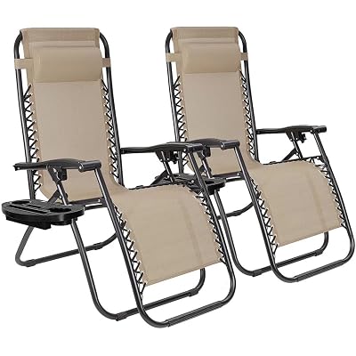 EZONE Zero Gravity Lounge Chairs Outdoor Adjustable Reclining Patio Chair Steel Mesh Folding Recliner for Pool Beach Camping Lounge Chair with Pillows and Cup Tray (2, Beige)