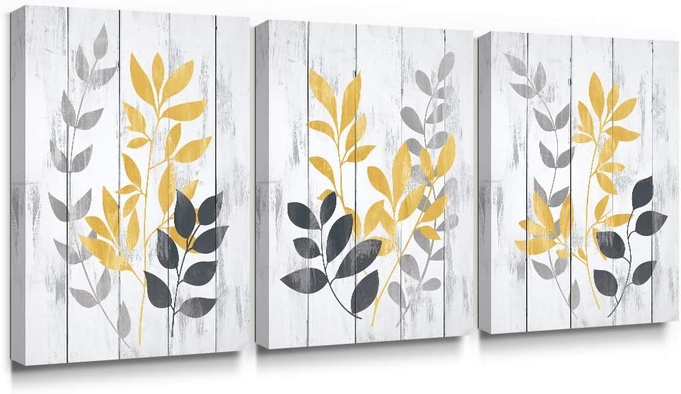 SUMGAR Canvas Wall Art Bathroom Yellow Paintings Grey Leaf Prints Gray