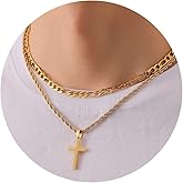 P. BLAKE Layered Cross Necklace With Chain for Men Boys, Stainless Steel Cross Pendant Figaro Link Rope Chain 16-24 Inch Christian Religious Chriatmas Jewelry Gifts