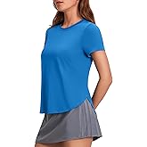 PINSPARK Short Sleeve Workout Tops for Women Side Slits Athletic Shirts Loose Fits Tennis Tee Solid Sun Protection Pickleball Tshirt, Blue Large