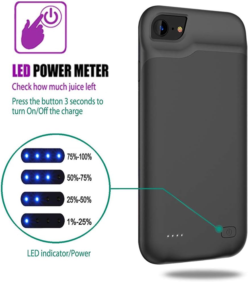 Battery Case for iPhone 6/6s/7/8, 6000mAh Portable Rechargeable Battery Pack Charging Case for iPhone 6/6s/7/8 (4.7 inch) Extended Battery Charger Case Backup Power Bank (Black)