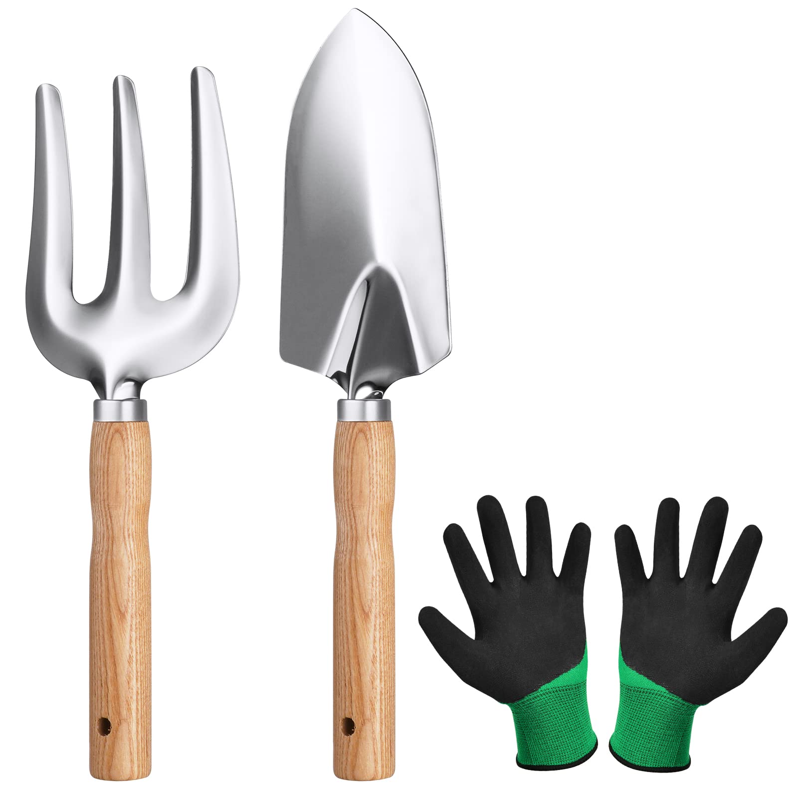 OFFCUP Gardening Tools Set, 3pcs Garden Tools, Gardening Hand Tool Stainless Steel Hand Tool Gardening Gift Kit with Ergonomic Handles Including Broad Spade, Three-fingered Fork and a Pair of Gloves