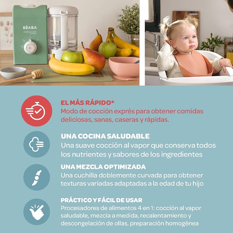 BEABA, Babycook Express, Robot Bebé 4 en 1 Batidora de cocina, cocción Express 15 min, mezcla a medida, cocción al vapor suave y saludable, descongelación, textura homogénea, capacidad 1250 ml, Verde