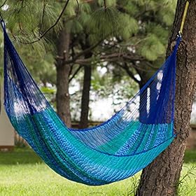 NOVICA Green Bright Blue Striped Nylon Hand Woven Mayan Rope 2 Person XL Hammock, 'Cool Lagoon' (Double) 61yigKDX3PL