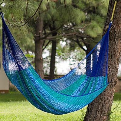 NOVICA Green Bright Blue Striped Nylon Hand Woven Mayan Rope 2 Person XL Hammock, 'Cool Lagoon' (Double) 61yigKDX3PL