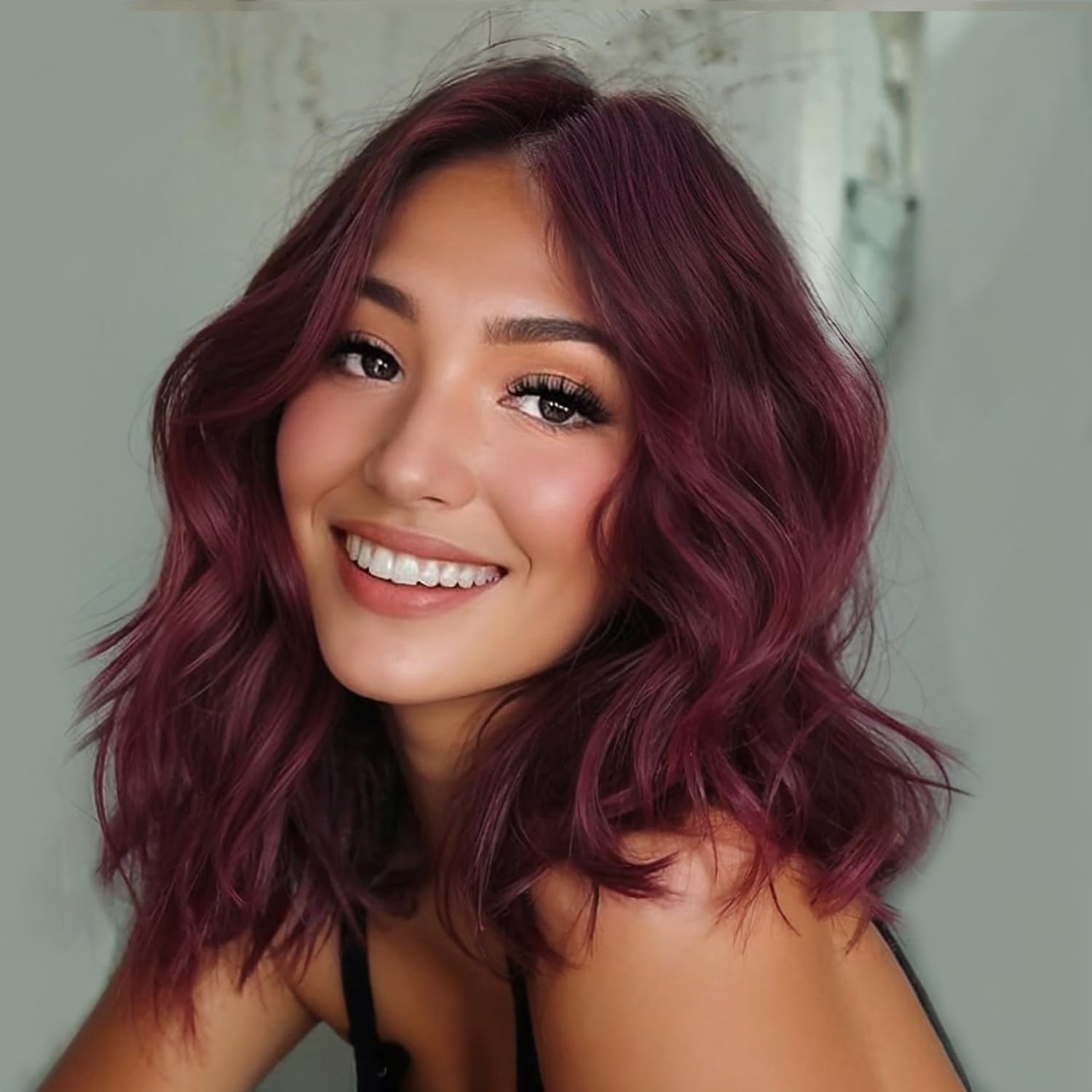 PORSMEER Short Burgundy Wavy Bob Wig with Natural Lace Middle Parting,Shoulder Length Synthetic Hair Wig Realistic Looking Wigs for Daily Party Use 14”,Dark Red