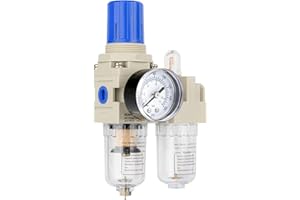 BLCH 1/4" NPT Air Compressor Water Separator - Air Pressure Regulator Compressed Air Filter Regulator Lubricator Combo AC2010-02 Manual Drain Poly Bowl Gauge 0-160 PSI 5μm Brass