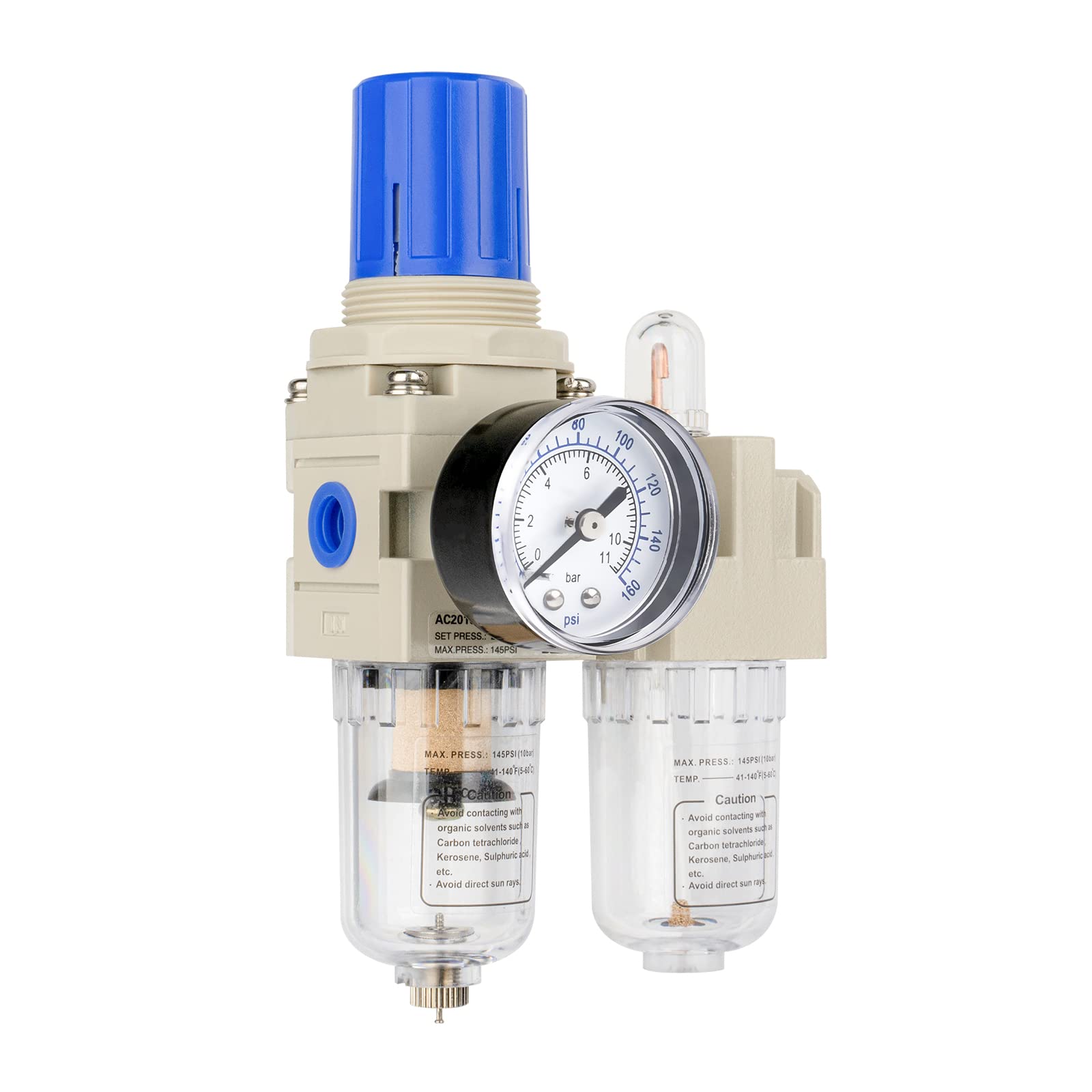 Photo 1 of BLCH 1/4" NPT Air Compressor Water Separator - Air Pressure Regulator Compressed Air Filter Regulator Lubricator Combo AC2010-02 Manual Drain Poly Bowl Gauge 0-160 PSI 5?m Brass