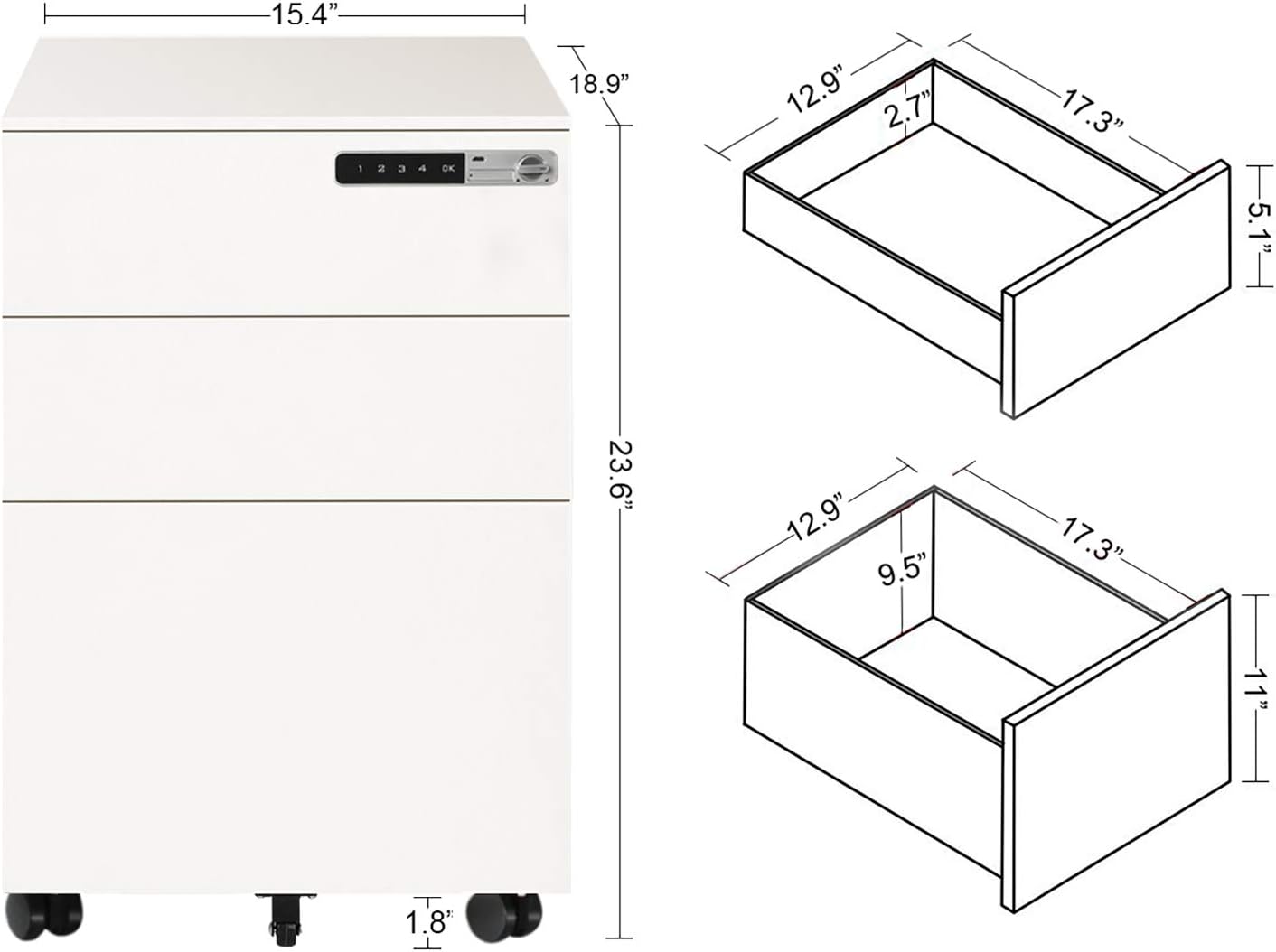 DEVAISE 3-Drawer Mobile File Cabinet with Smart Lock, Pre-Assembled Steel Pedestal Under Desk, White: Kitchen & Dining