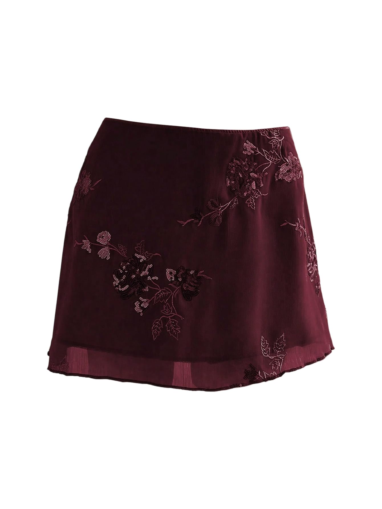 Photo 1 of Floerns Women's Floral Embroidery Mini Skirt Low Waist Mesh Summer Skirts Burgundy Medium