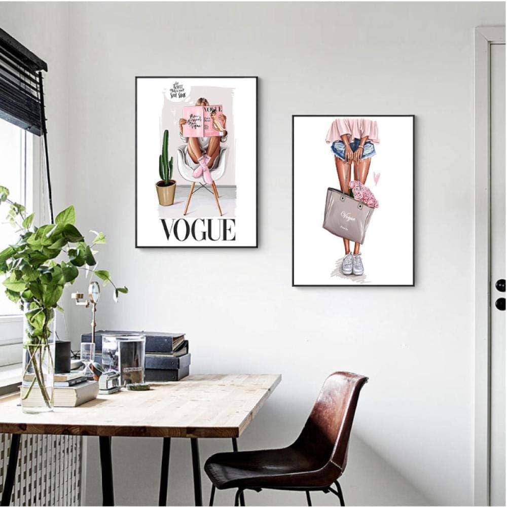 xtszlfj Vogue Girl Canvas Painting Vintage Fashion Art Posters and Prints Nordic Style Scandinavian Decor Wall Art Picture for Bedroom 50x70cmx2 Frameless