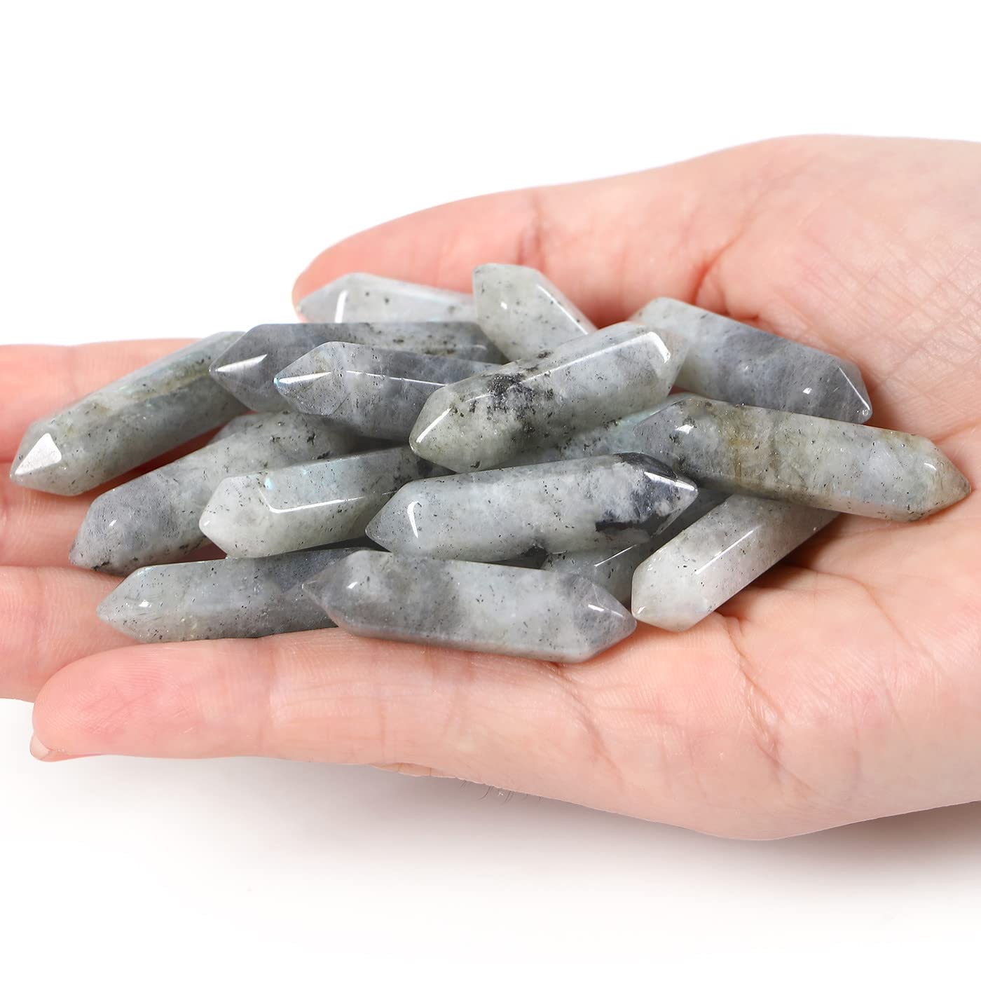 Photo 1 of 10 PCS Grey Labradorite Healing Crystals Wands Polished Tumbled Stones Bulk Natural Hexagonal Pointed Reiki Energy Balancing Meditation Therapy Chakra Pocket Wand Set Gift