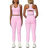2 Piece Workout Sets for Women Racerback Color Block Tank Tops Matching High Waist Tummy Control Leggings Clothes Womens Two Piece Athletic Set Gym Wear Active Yoga Outfits Pink XS