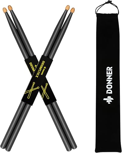 Donner 5A Maple Drum Sticks 2 Pair with Carrying Bag Black