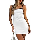 Misng Women's Sleeveless Ribbed Mini Dresses Contrast Color Spaghetti Strap Knit Casual Bodycon Slim Fit Color-Block Dress