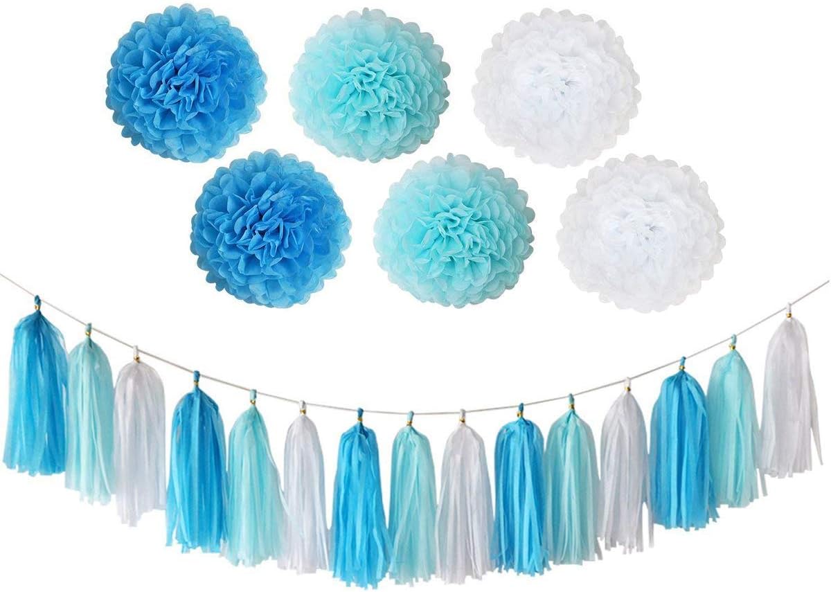 Trimming Shop Blue Happy Birthday Banner Tassel Paper Pom Poms with Multi Themed Buntings for Birthday Party Decoration Ceremonies