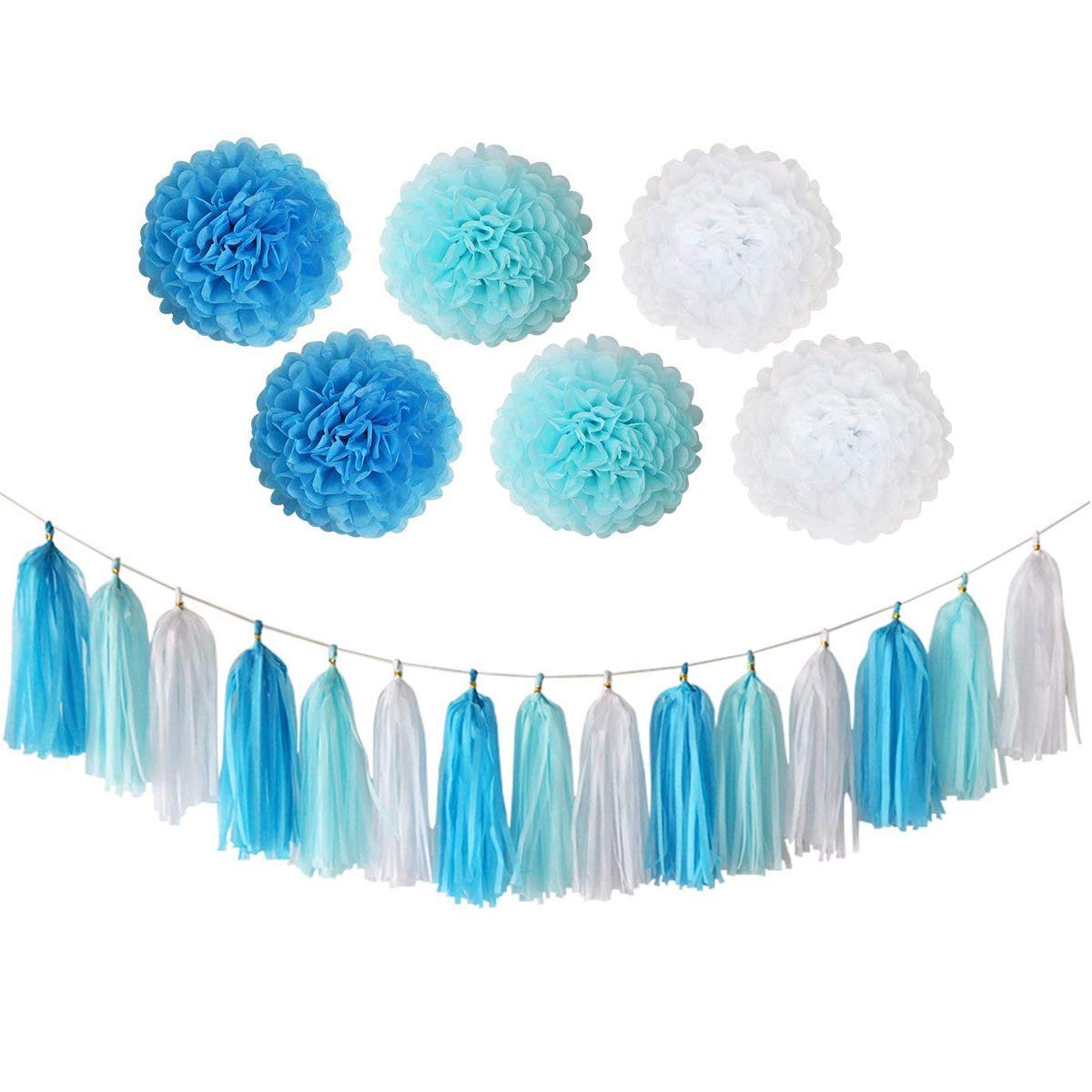 Trimming Shop Blue Happy Birthday Banner Tassel Paper Pom Poms with Multi Themed Buntings for Birthday Party Decoration, Ceremonies, Kids Party Favors