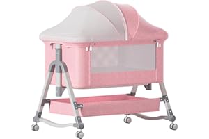 Jaoul 4 in 1 Baby Bassinet Bedside Sleeper Baby Crib, Adjustable Cosleeper for Baby, Easy Folding Portable Baby Bed Rocking Bassinets with Comfy Mattress Mosquito Net Storage for Infant Newborn Pink