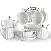 Porcelain Tea Sets British Royal Series, 8 OZ Cups& Saucer Service for 6, with Teapot Sugar Bowl Cream Pitcher Teaspoons and tea strainer for Tea/Coffee, Pukka Home (Pure White)
