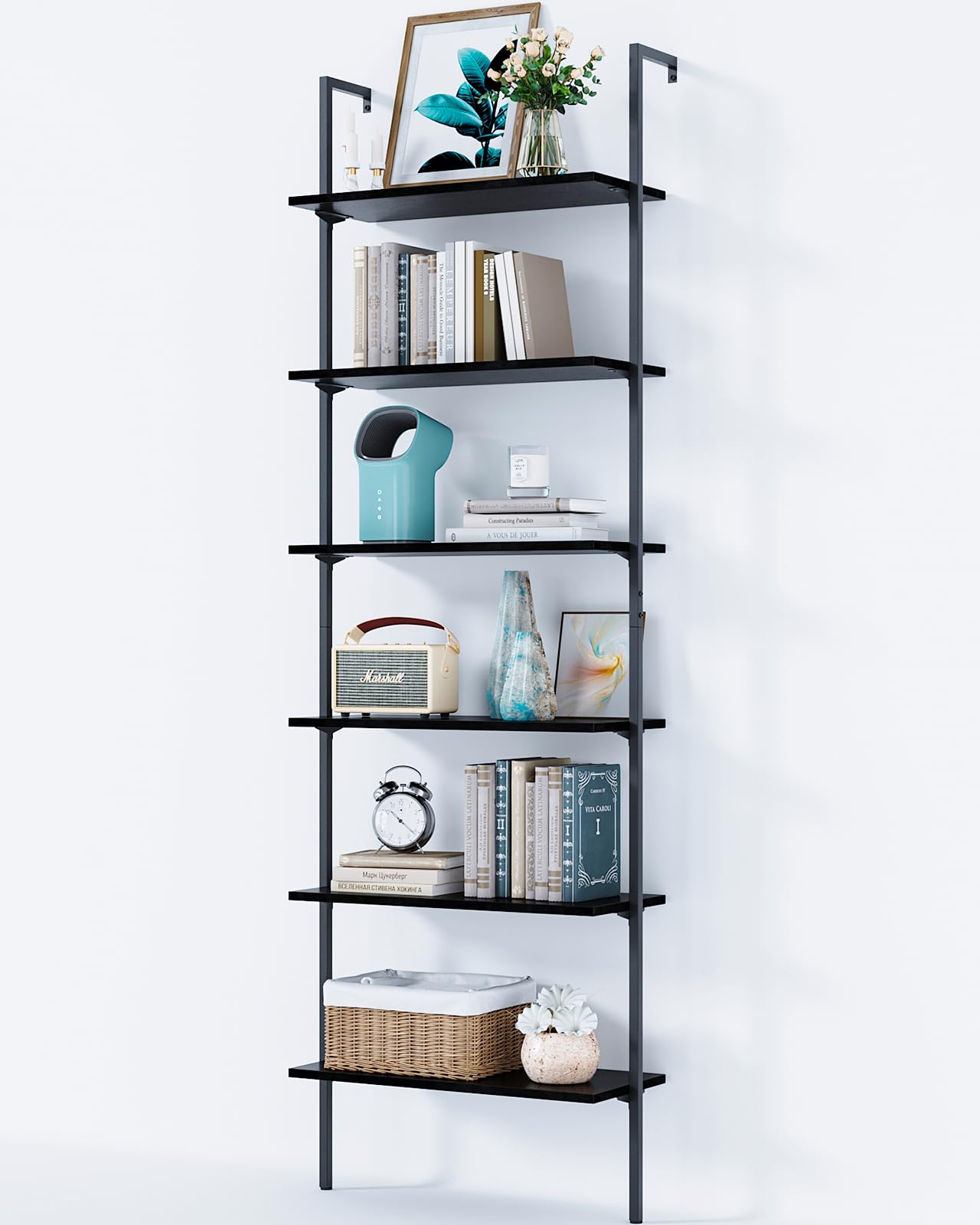 Photo 1 of ODK 6-Tier Ladder Shelf, 87 Inches Wall Mounted Ladder Bookshelf with Metal Frame, Open Industrial Shelves for Home Office, Bedroom and Living Room, Black
