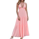 GLNEGE Summer Maxi Beach Dress Boho Halter V Neck Backless Bow Dresses Flowy Trendy Ruffle Sundress for Women 2025