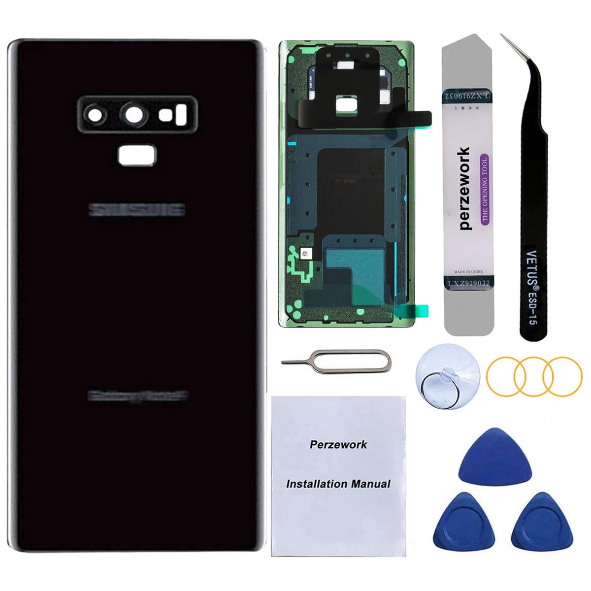 Photo 1 of Perzework OEM Rear Back Glass Replacement for Samsung Galaxy Note 9 6.4 inches with Reparing Toolkit and Pre-Installed Adhesive (Midnight Black)