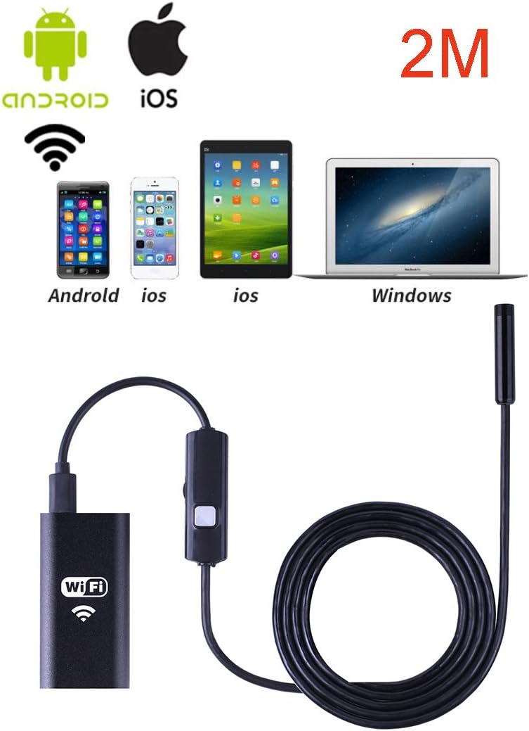 RIIROO Endoscope Wifi Wireless iOS iPhone Android Borescope Endoscope Camera with 2.0 Megapixel Pixels USB Waterproof HD 6LED for iPhone 7/7Plus/6/6s,iPad,Samsung etc(8.0mm,2M)