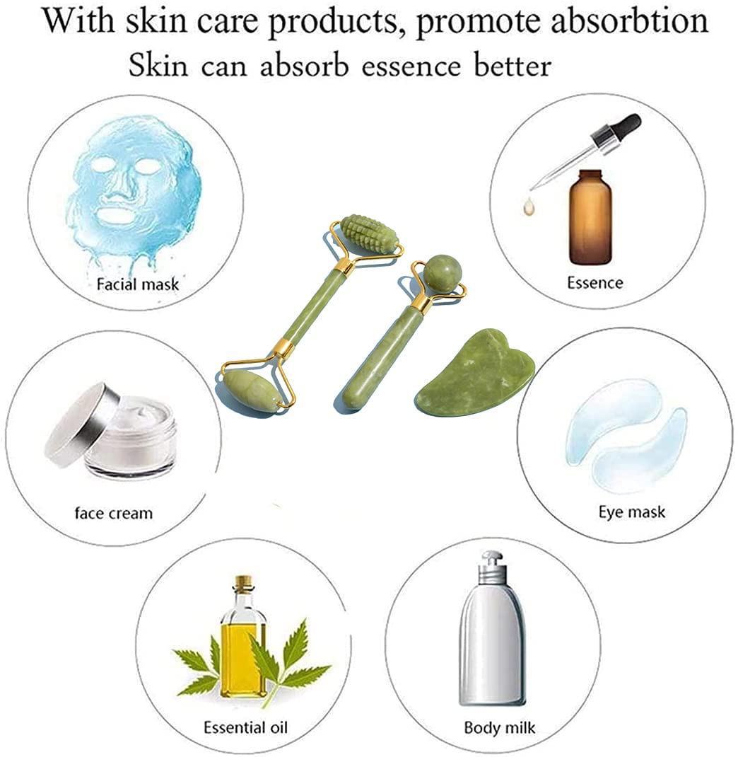 WOBOX 3Pcs Guasha Scraping Massage Tool Set Jade Stone Guasha Board, Used for Face, Neck, Arms, Shoulders, Legs Body Care/Boost Radiance of Complexion,for Valentine’s Day, Birthday, Christmas Gift