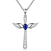 JiaYangJY Sterling Silver Cross Angel Necklace for Women 12 Birthstone Color Guardian Angel Pendant Cross Necklace Jesus Christian Jewelry