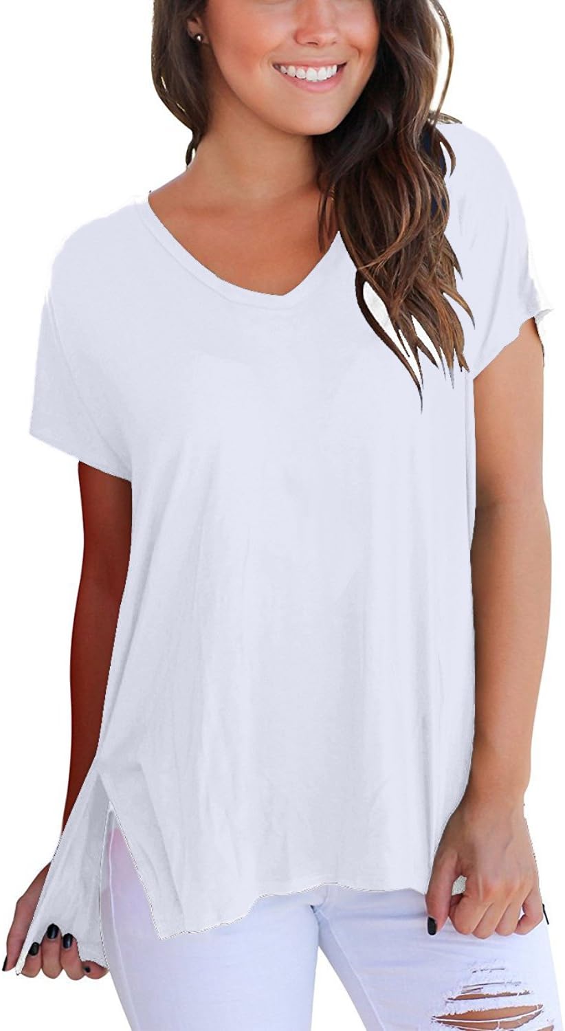 Dasbayla Women's Solid Loose Short Sleeve V Neck T-Shirt Top Side Split High Low Hem