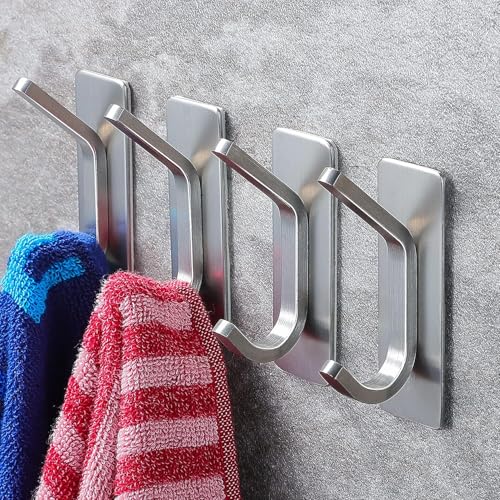 AMROAH 4pcs Stainless Steel Adhesive Hooks Wall Mounted, Heavy Duty Storage Wall Mount Hooks for Hanging Coat Clothes Towels Hat Bags for Home Entryway Bathroom Bedroom Kitchen Living Room (Silver)