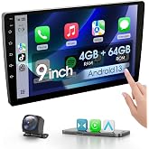 Haudio 9 inch Double Din Car Stereo Android 13 Radio Support Apple Carplay and Android Auto,Car Radio with Rear Camera,HD Touch Screen,Support Voice Assistant,G0ogle,AUX,FM/AM,GPS,Mirror Link(4+64G)