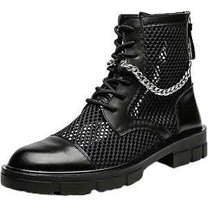 OENGSMGU Men's Mesh Leather Combat Ankle Boots with Chain Decor Pointed Toe Lace-Up Lug Sole Non Slip Breathable Summer Punk