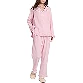 Rousytn Womens Cotton Pajama Sets Long Sleeve Button Down Striped 2 Piece Pjs Ruffle Sleepwear with Long Pants Lounge Set