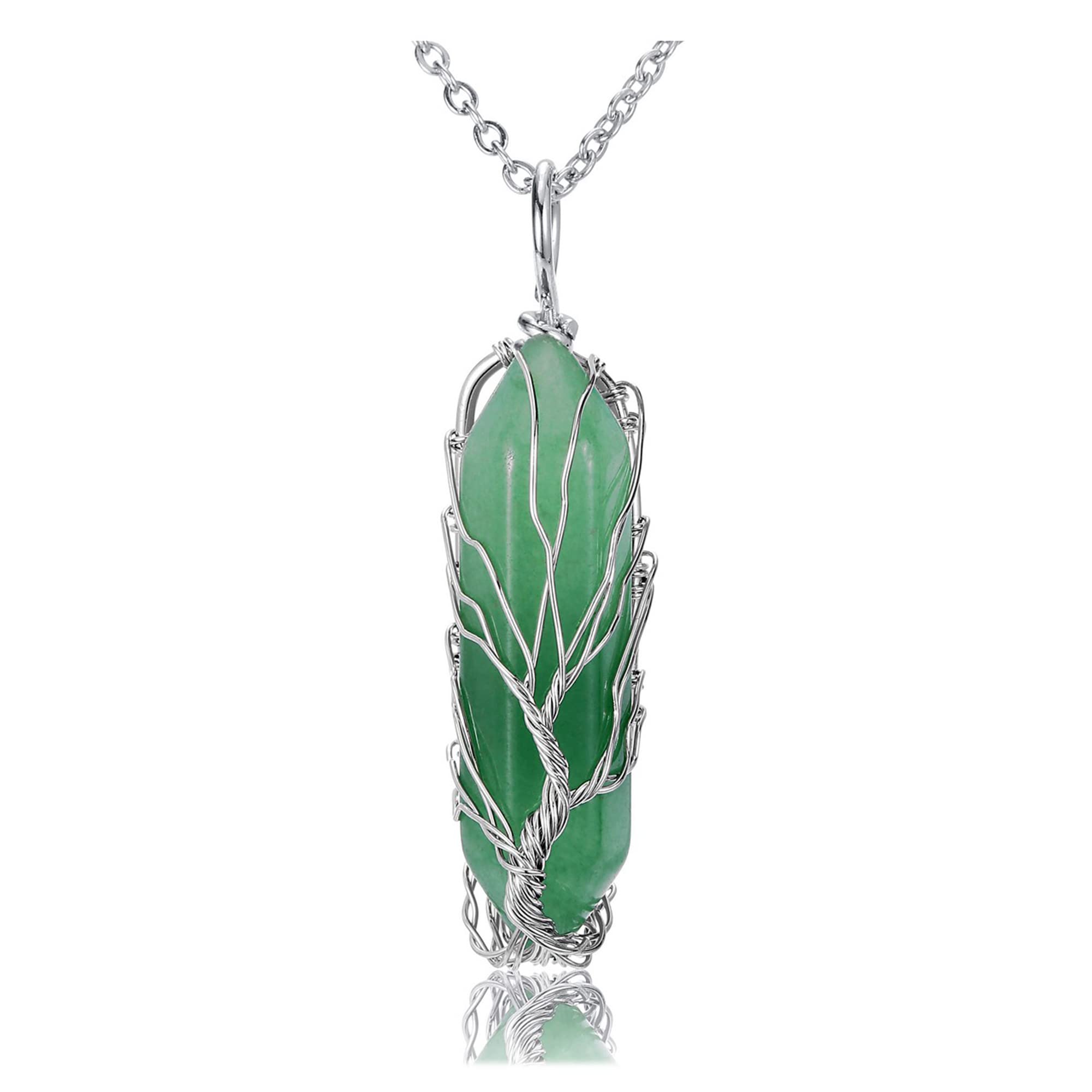 JSDDE Natural Green Aventurine Crystal Stone Necklace Life Tree Silver Wrapped Quartz Gemstone Pendant Necklaces Jewelry for Women Gift