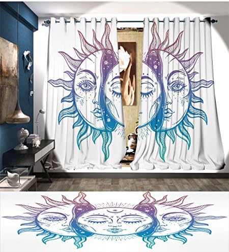 Moon Blackout Window Curtain Psychedelic Representation Heavenly Bodies Faces Eastern Oriental Inspired Image Customized Curtains Lilac Blue White