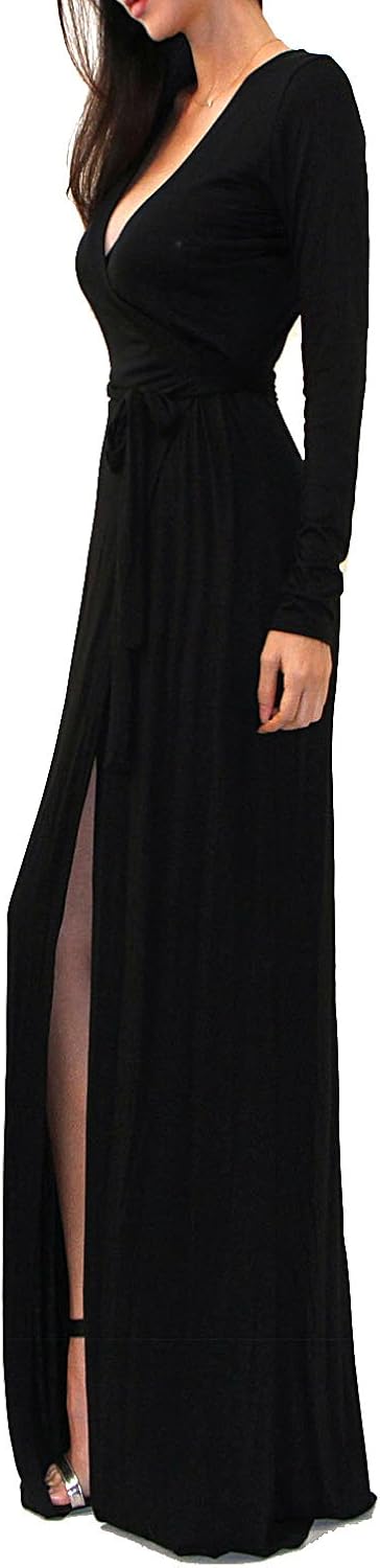 Vivicastle Women's USA Sexy Long Sleeve Tulip Wrap Slit Front Full Long Maxi Dress at  Women’s Clothing store
