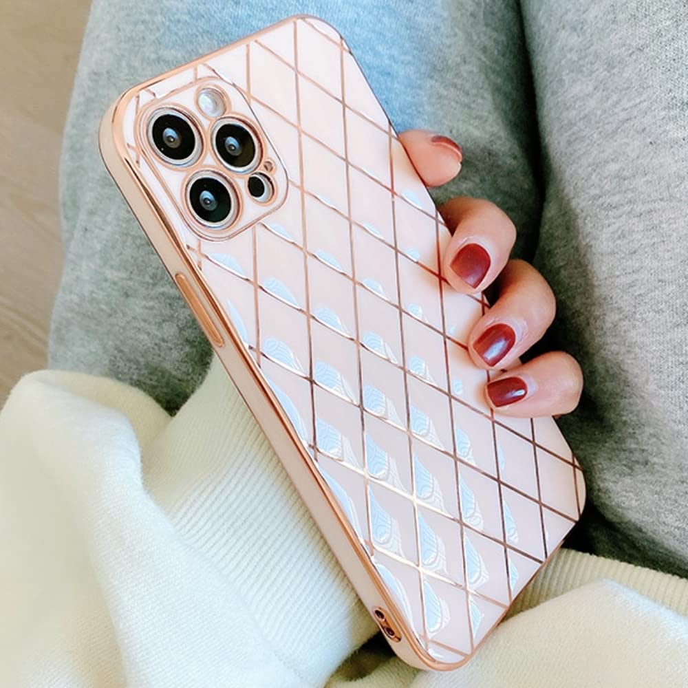 OWM iPhone 13 Pro Case Silicone [Quilted Designer Back] Shockproof Gold Edging Luxury Girls Women [Camera Lens Protective] Phone Cover Compatible for iPhone 13 Pro (Baby Pink)