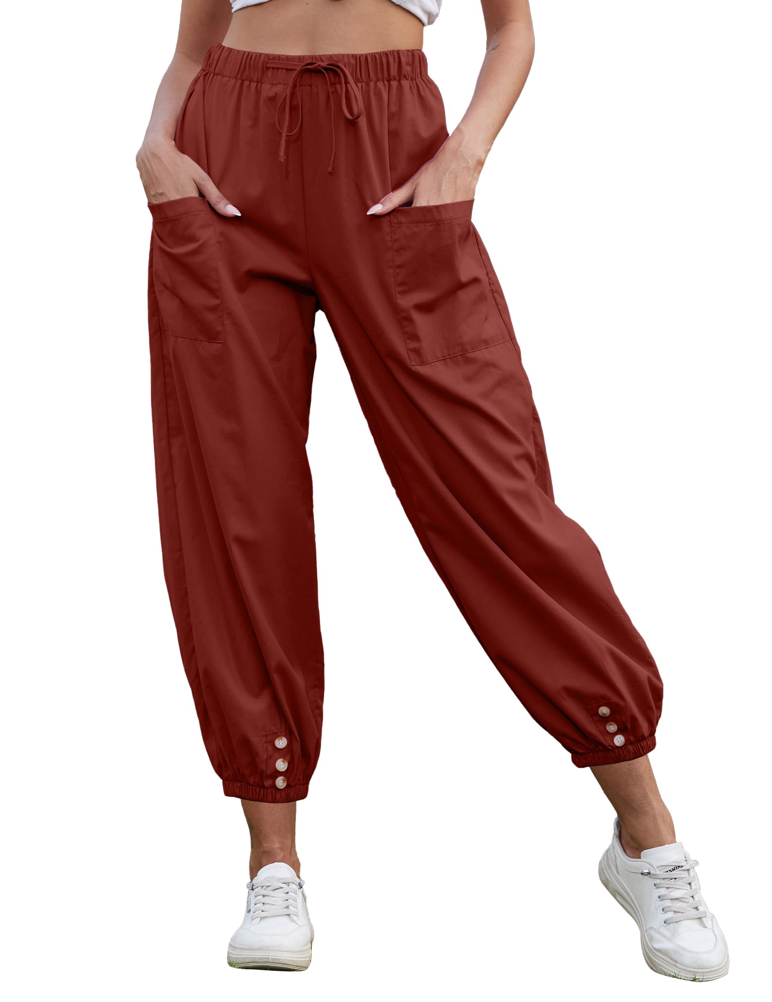 Photo 1 of Women Capri Pants Lounge Drawstring High Elastic Waist Wide Leg Quick Dry Pants Cinch Bottom Trousers Orange