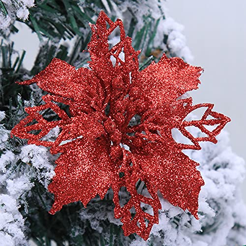 Yueshop 10 PCS Christmas Flowers Large (15CM) Poinsettia Glitter Flower Christmas Tree Hanging Party Xmas Decor (Red)